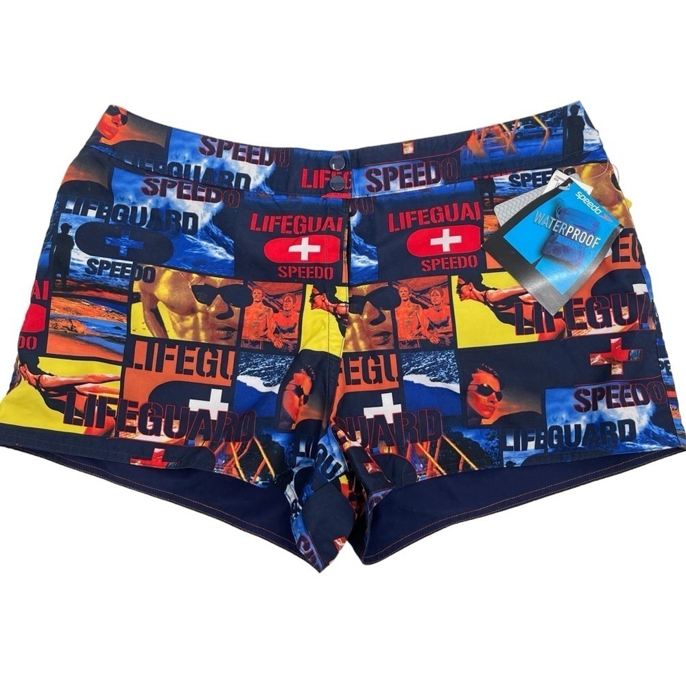 Speedo Swim Shorts Womens Size 14 Reversible Lifeguard Graphic Print Solid NWT